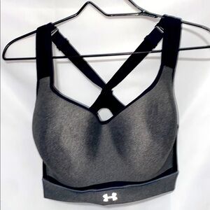 UNDER ARMOUR SPORTS BRA SIZE 36DD ADJUSTABLE CRISS CROSS STAPS BLACK GRAY CLEAN
